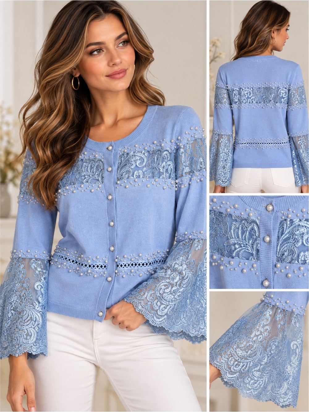 Boston Proper Pearl Embellished Lace Bell Sleeve Blue Cardigan Sweater Small